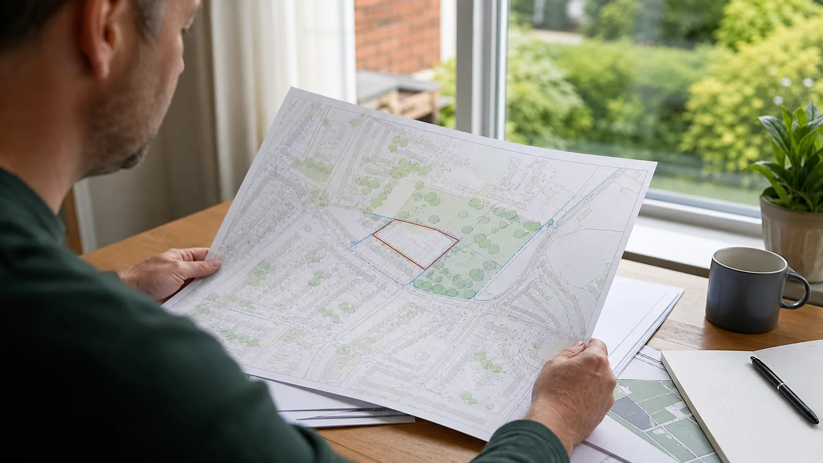 Homeowner reviewing a wide planning location map with roads, homes and a marked site