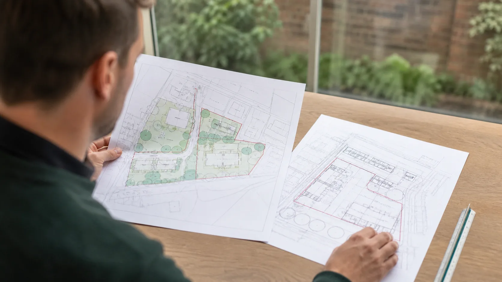 Planning professional comparing detailed site-plan sheets with a ruler