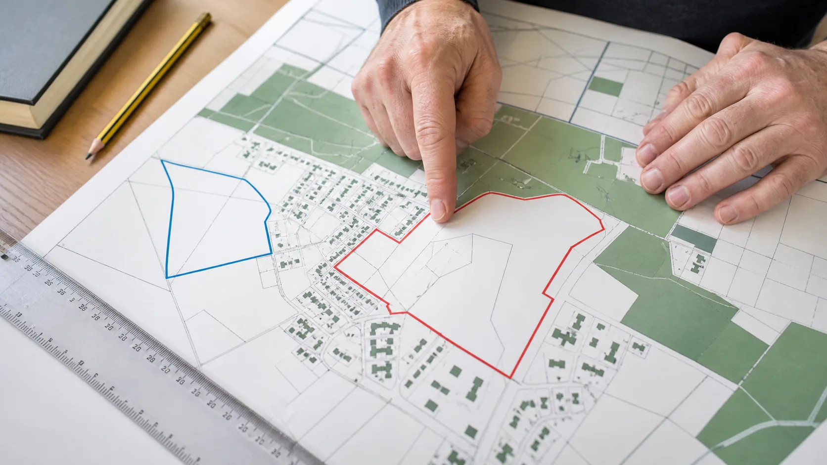 Generic planning map showing distinct red application and blue ownership boundaries