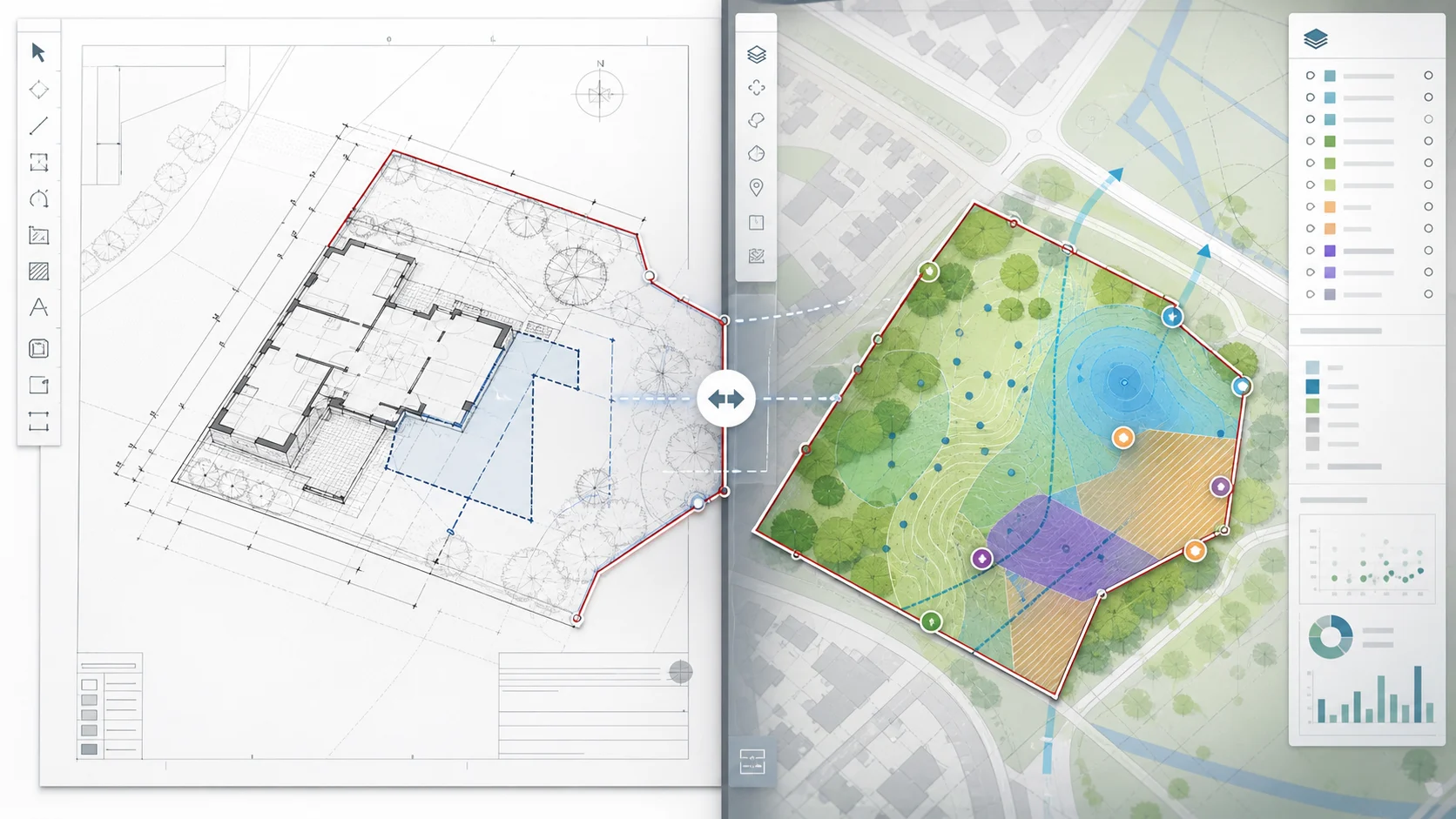 CAD drawing and GIS analysis workflows using the same mapped site boundary.
