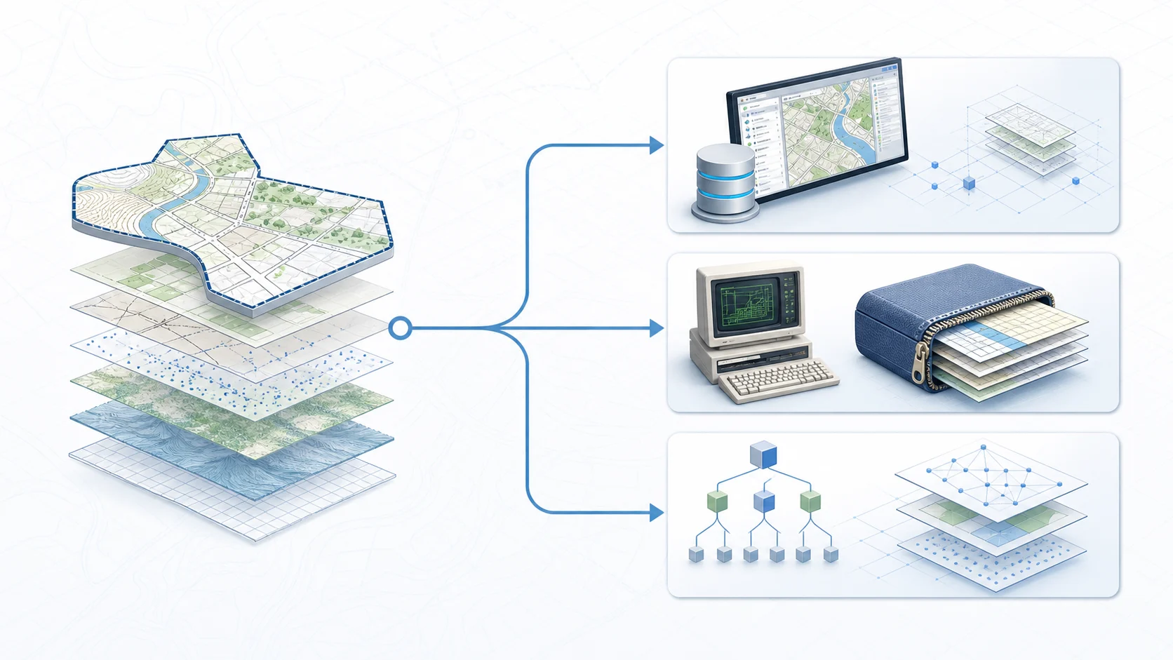 A mapped site feeding into modern GIS, legacy GIS and structured exchange workflows.