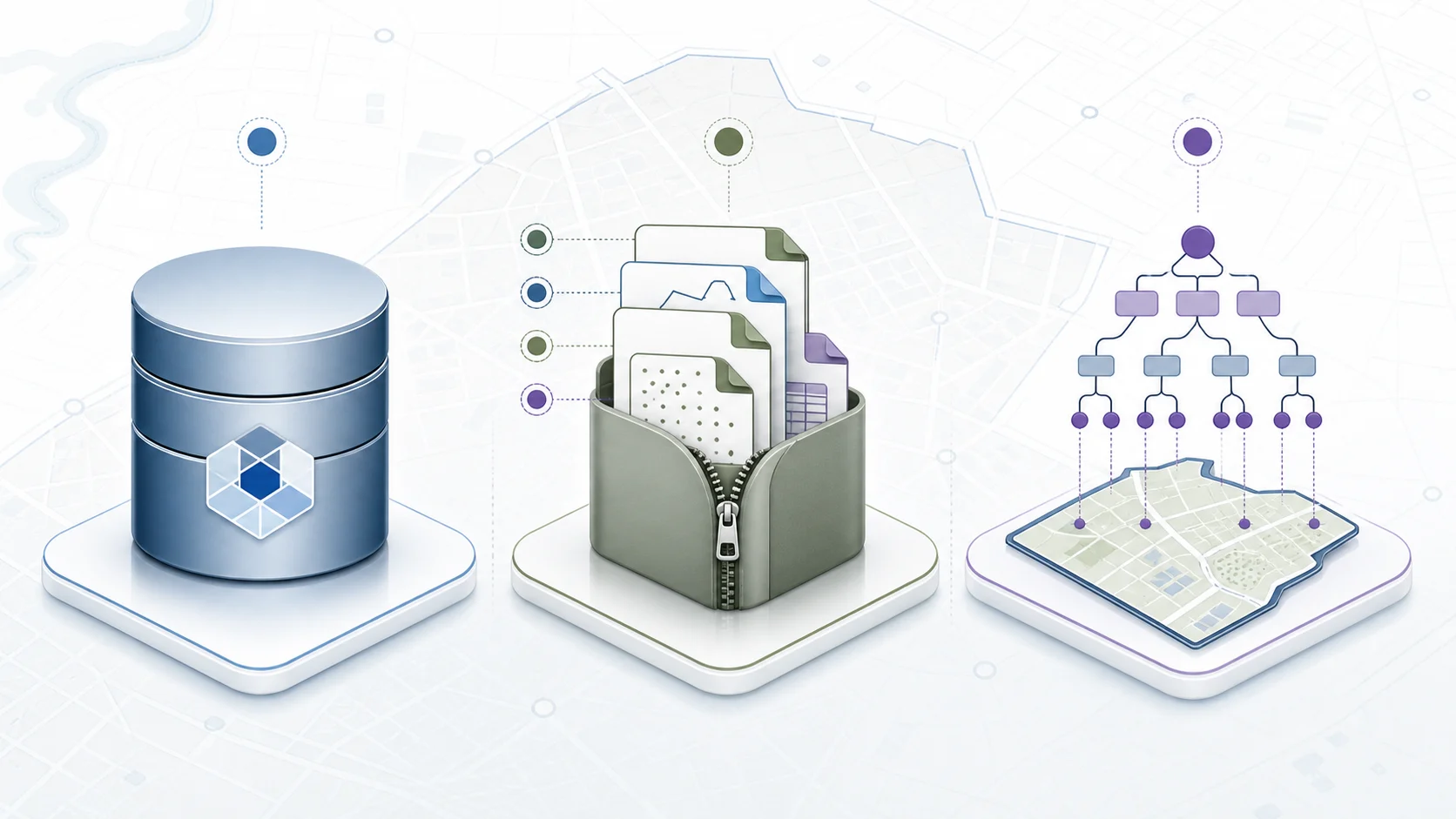 Visual comparison of GeoPackage, SHP ZIP and GML GIS export concepts.