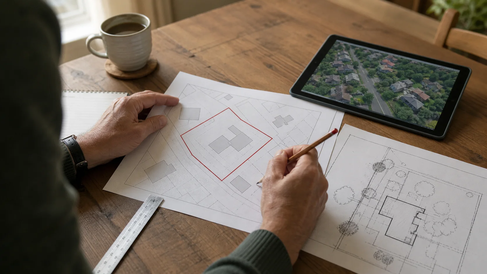 A homeowner comparing a generic property plan, site sketch and aerial view