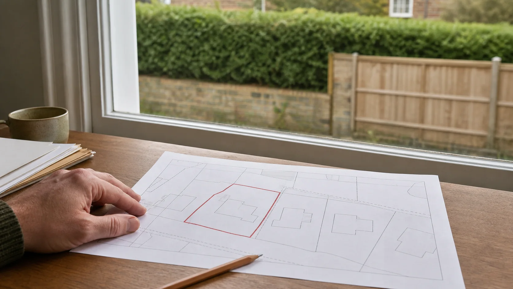 A generic property plan with red edging beside a window overlooking a fence and hedge