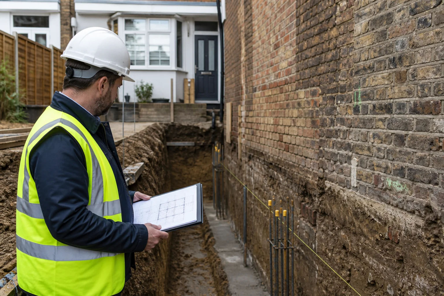 A construction surveyor in a white hardhat and hi-vis vest inspecting an excavation trench along a brick party wall