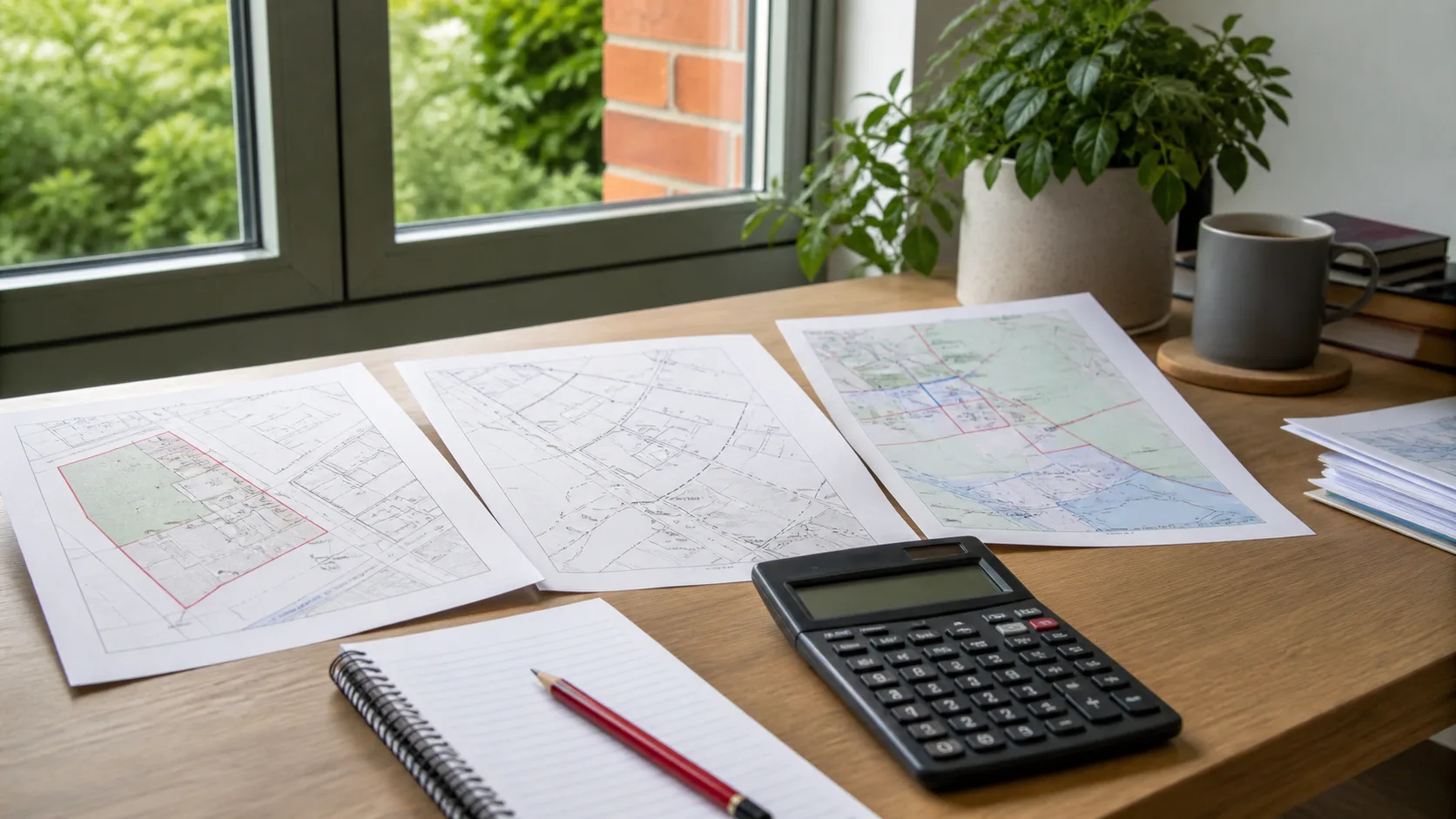 Generic planning map order options arranged on a desk with a calculator and pencil