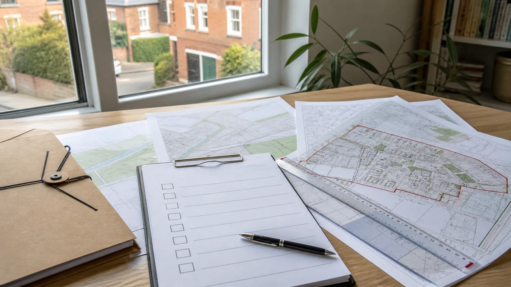 Planning application maps and documents being checked together on a tidy desk