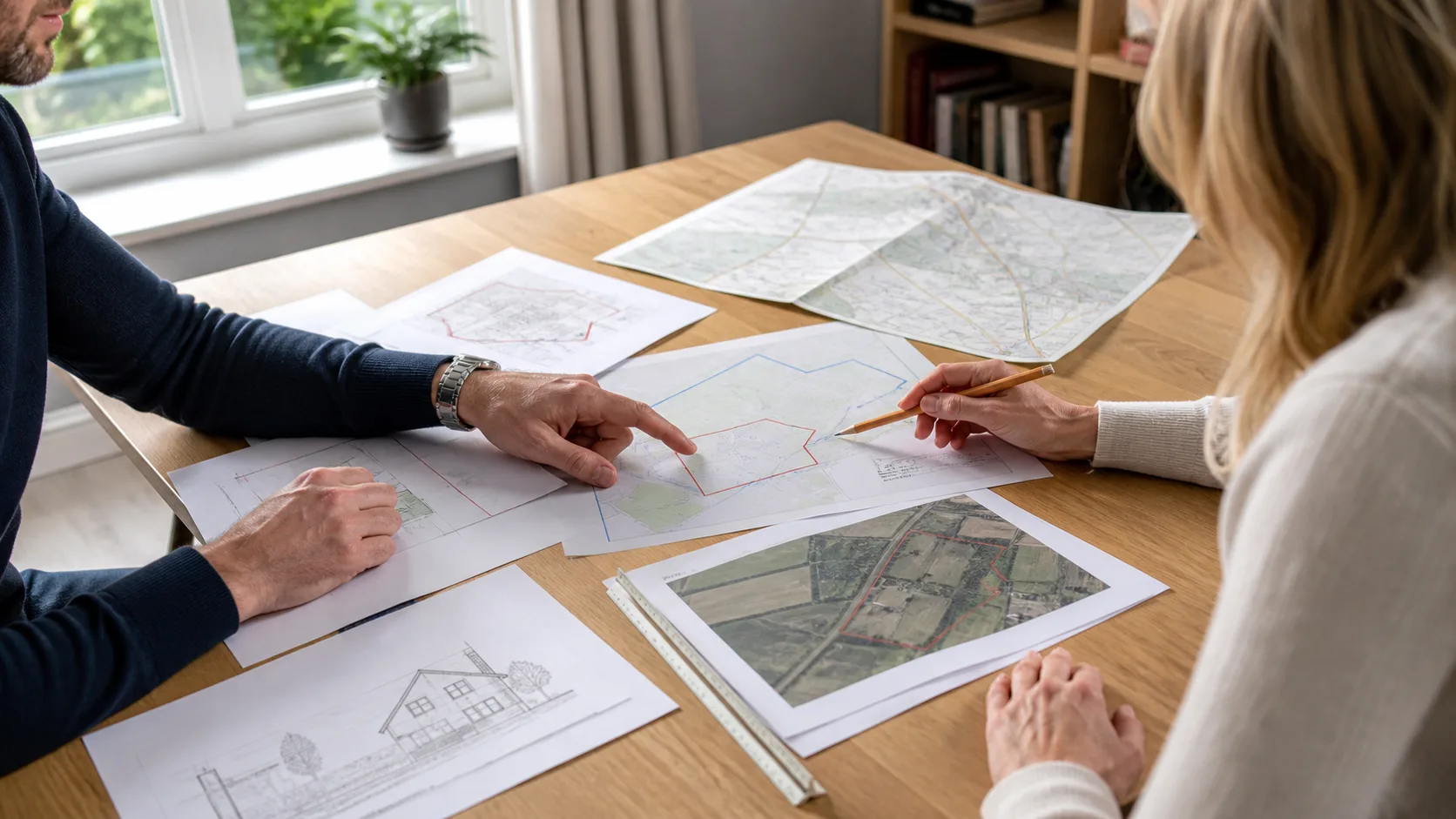 Planning map pack being reviewed on a desk with site plans and boundary markings