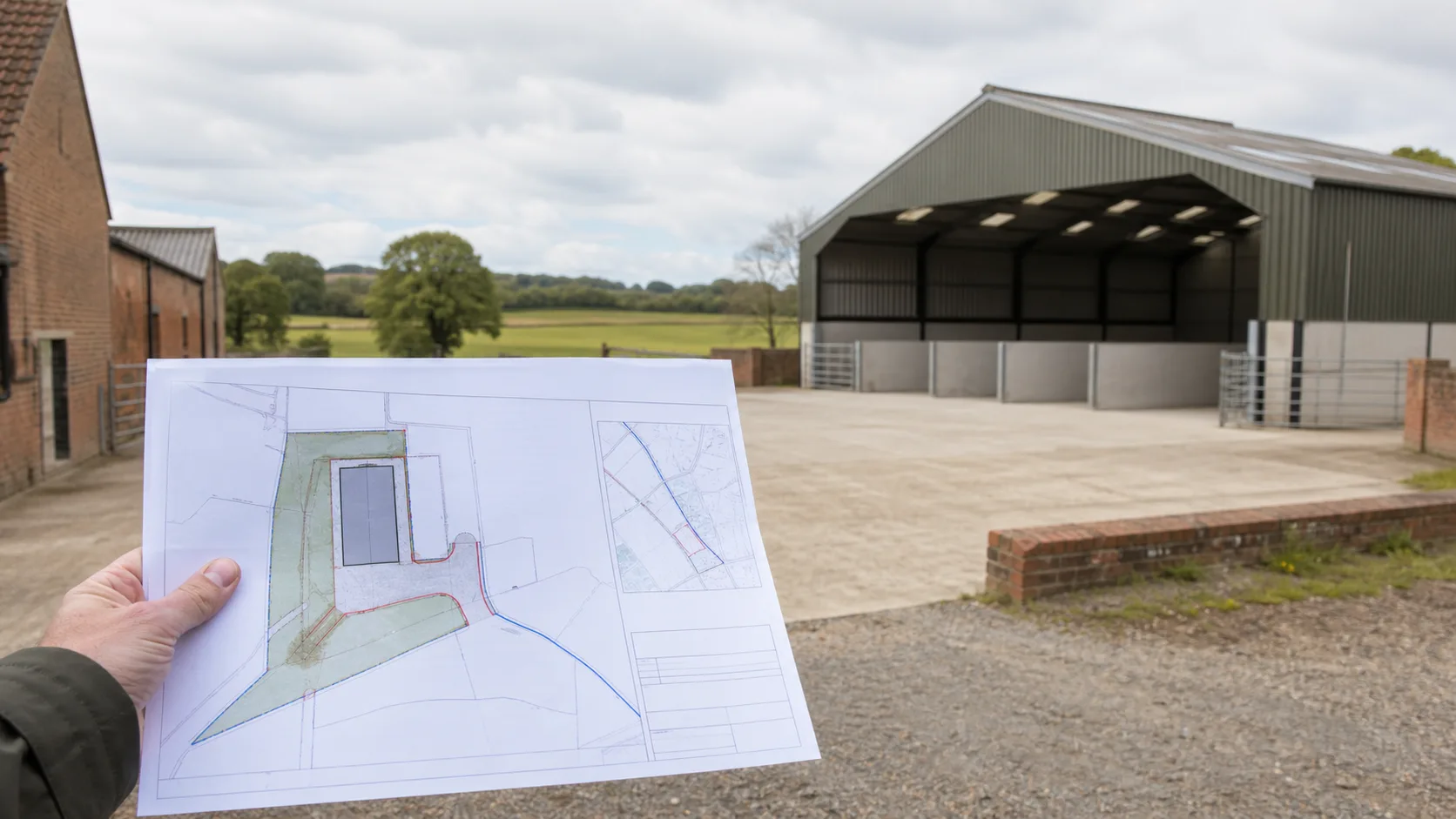 UK farmyard with an agricultural shed, access yard and a generic site plan