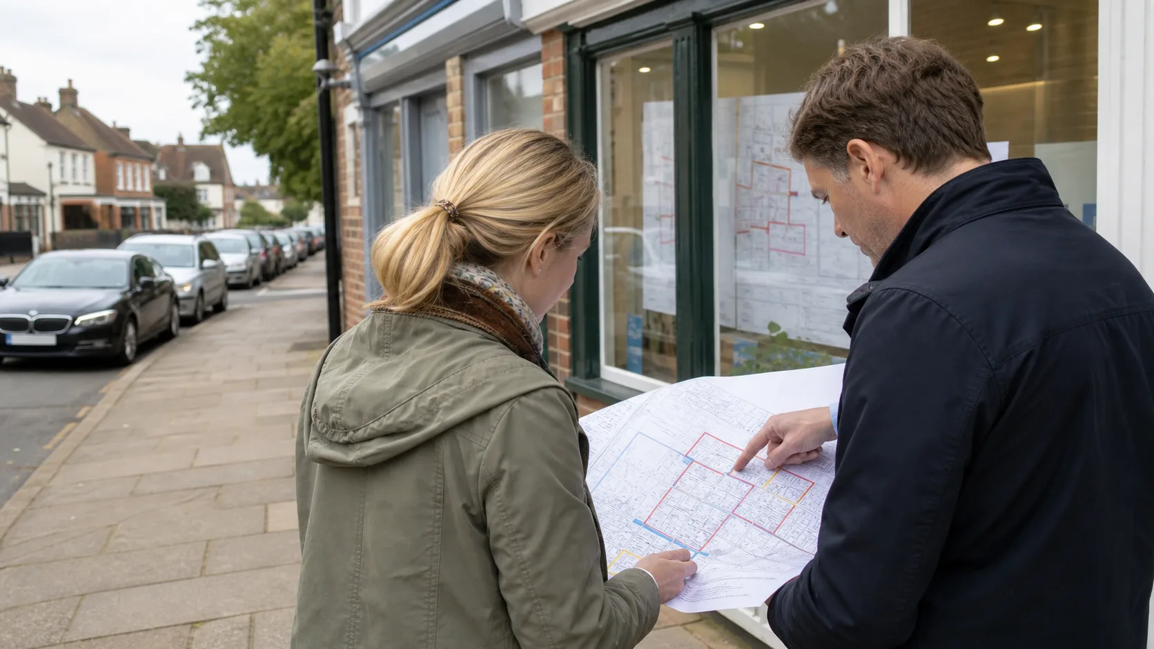 UK high-street commercial premises with a planning map being reviewed outside