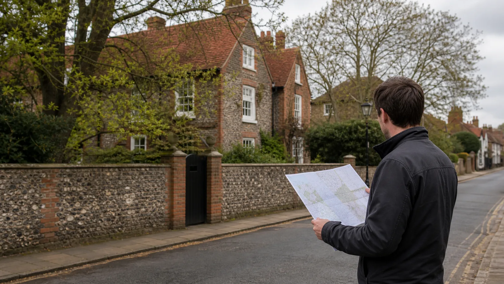 Traditional English conservation-area street with a planning professional reviewing a generic map