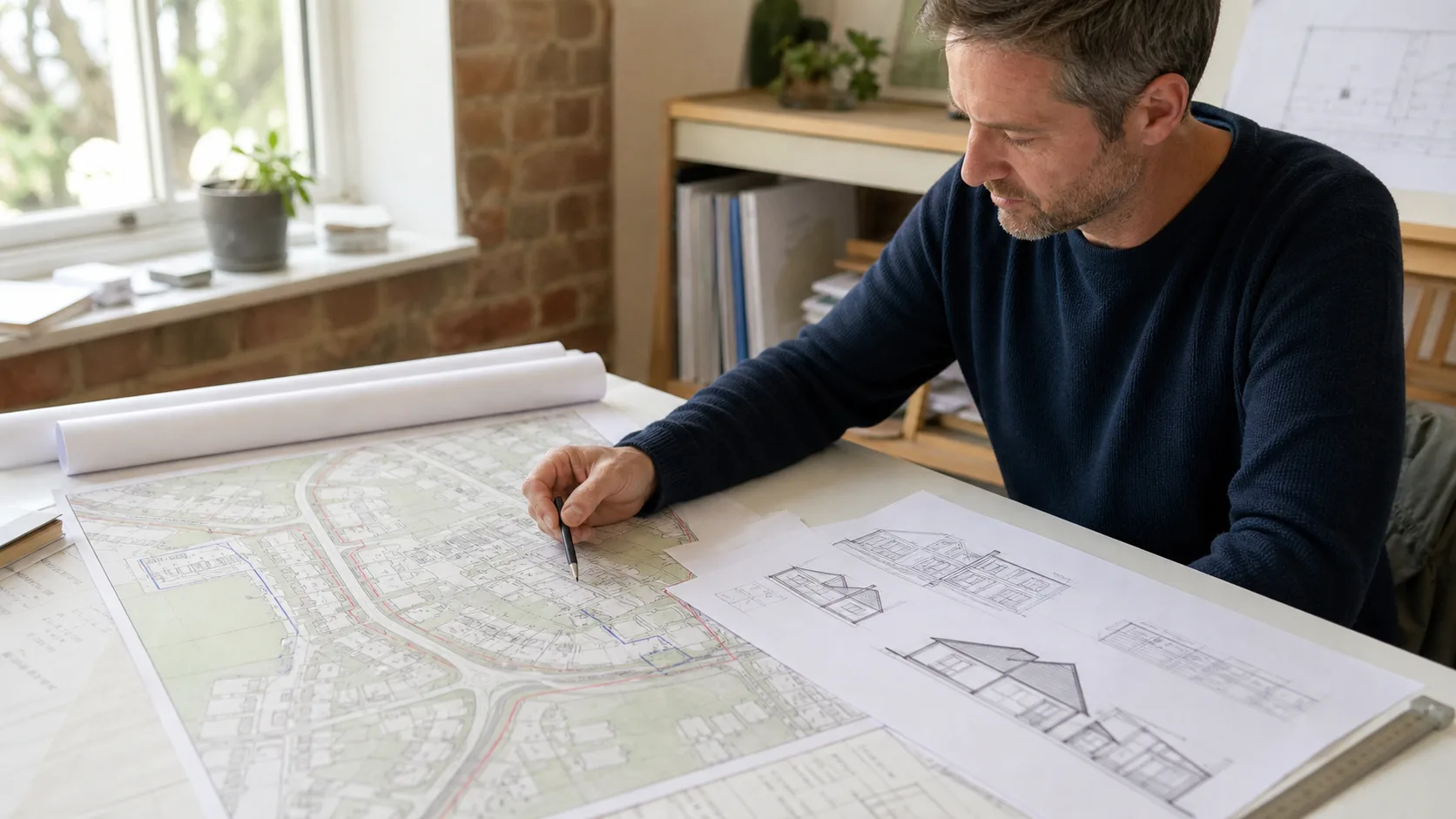 Architect coordinating a generic planning map with architectural drawings on a studio desk