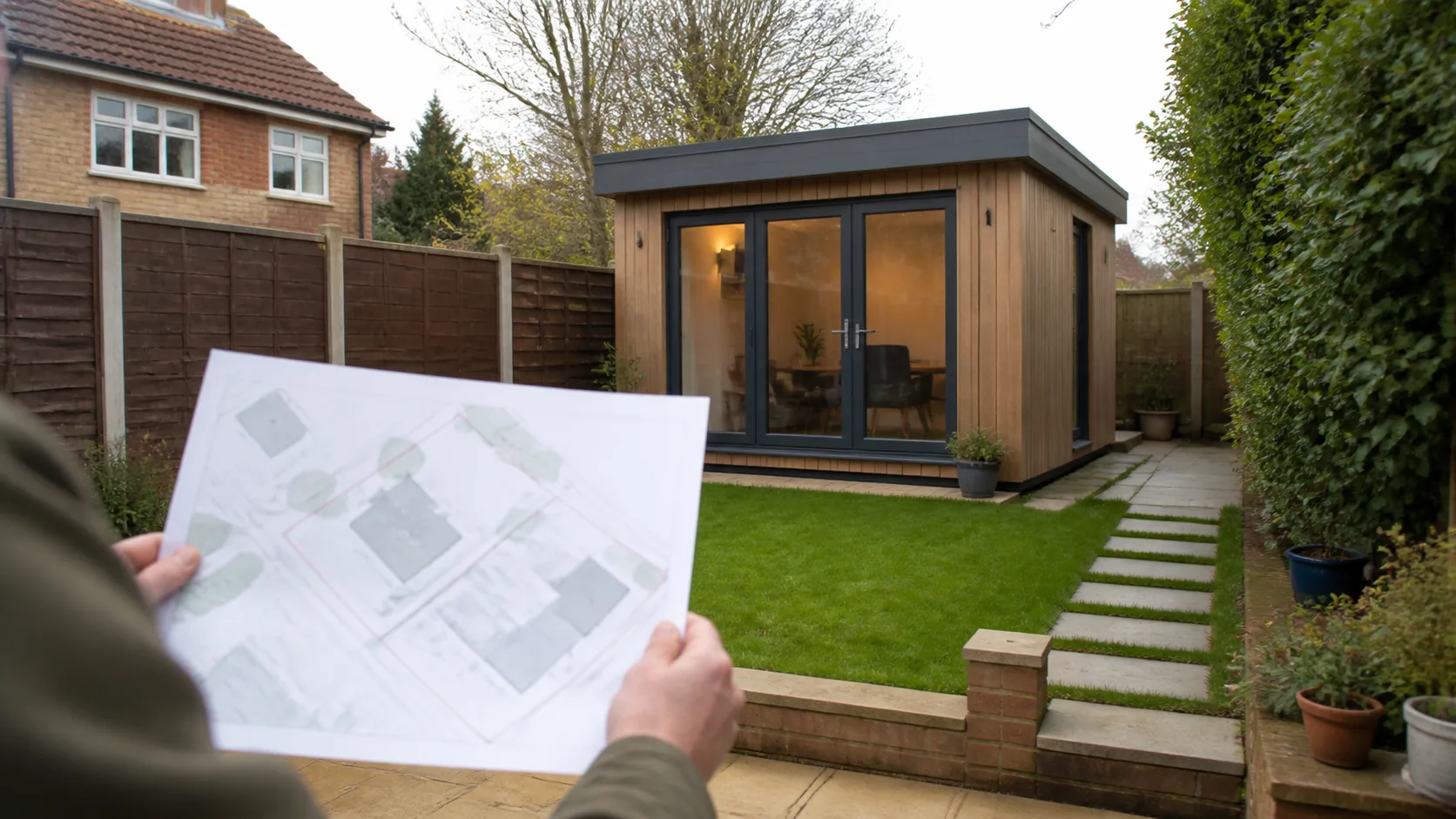 Garden room positioned near a boundary with a generic planning map in the foreground