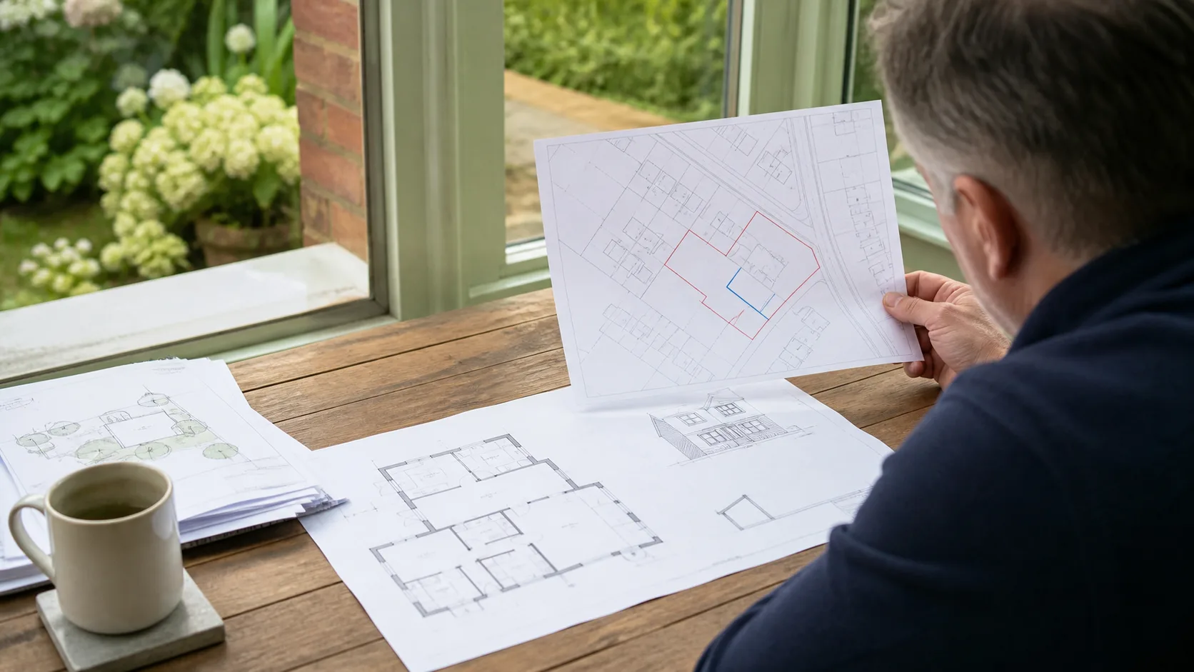 Homeowner reviewing house plans and a generic location plan for a certificate application