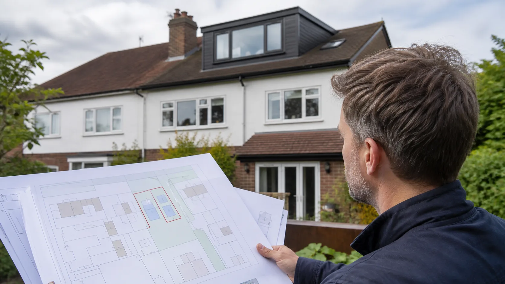 UK semi-detached house and generic planning drawings being reviewed for a loft project