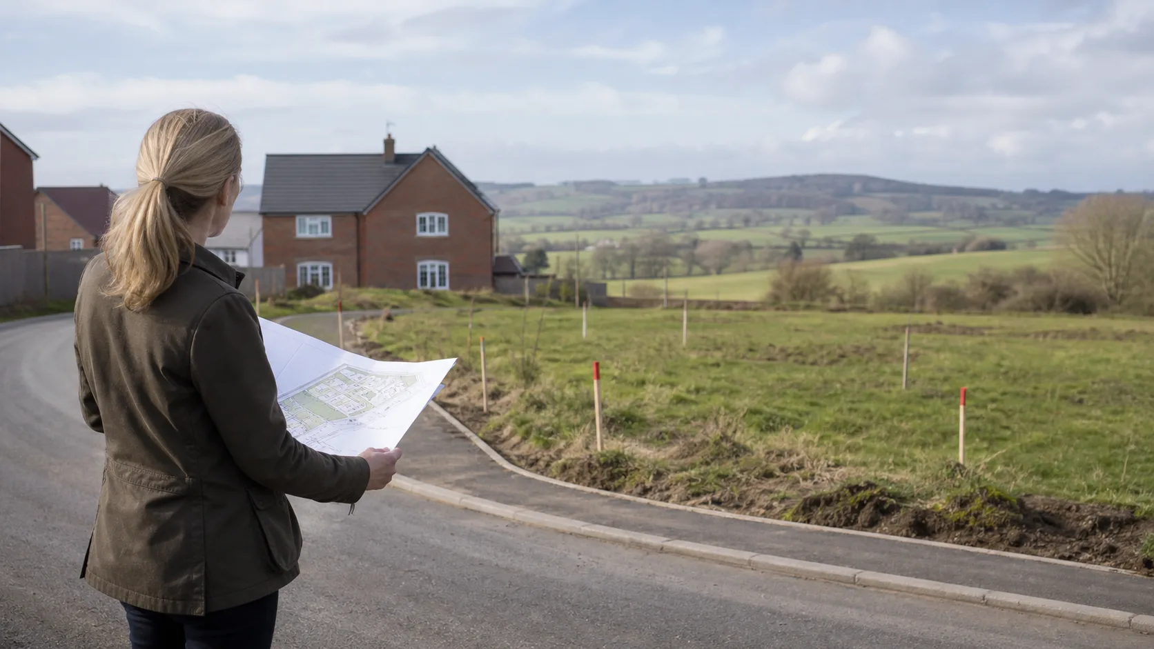 New-build development site with access road, surrounding homes and a generic site plan