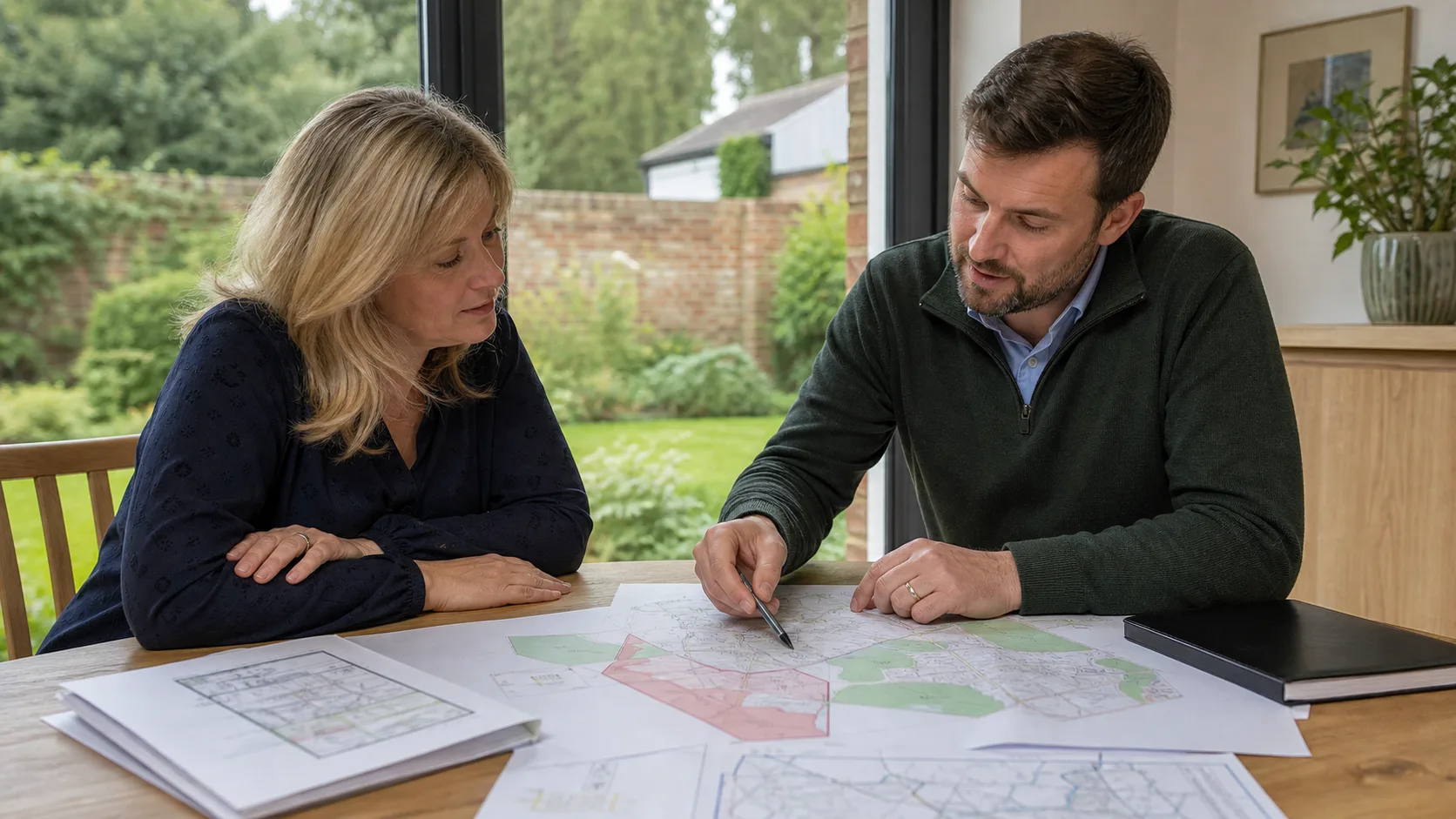 Planning consultant and homeowner discussing a preliminary proposal with generic maps