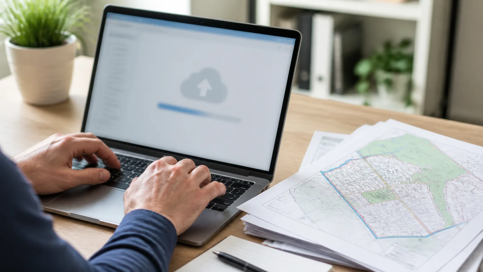 Planning map pack beside a laptop during a generic online application upload
