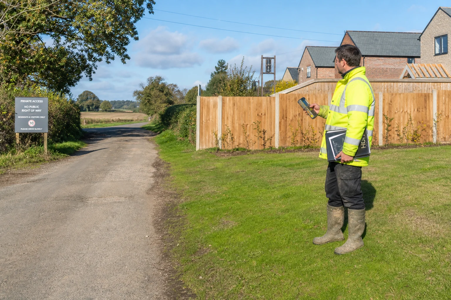 A surveyor inspecting a private access road and boundary sign beside a development site