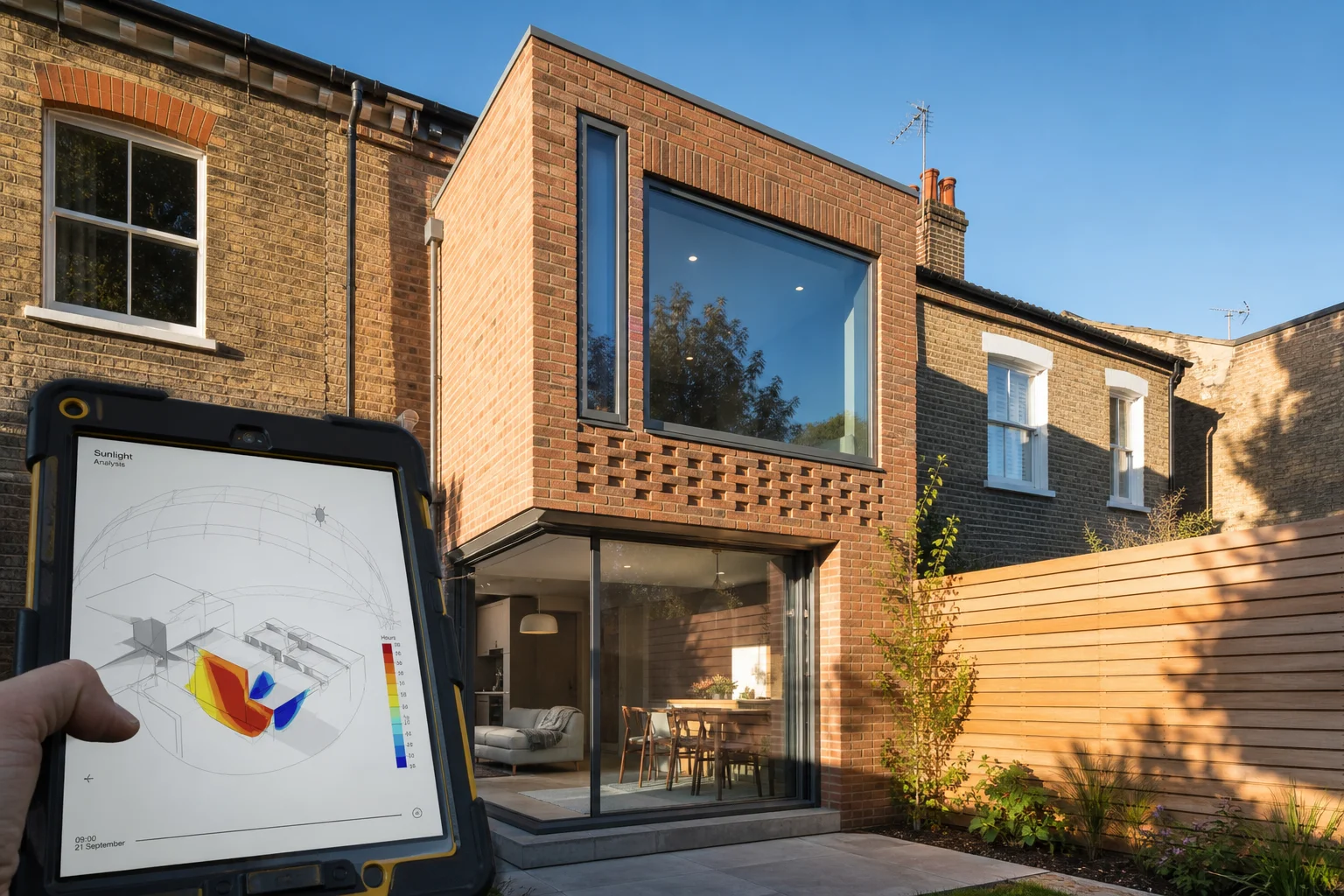 A contemporary residential extension with sunlight analysis software displayed on a surveyor tablet