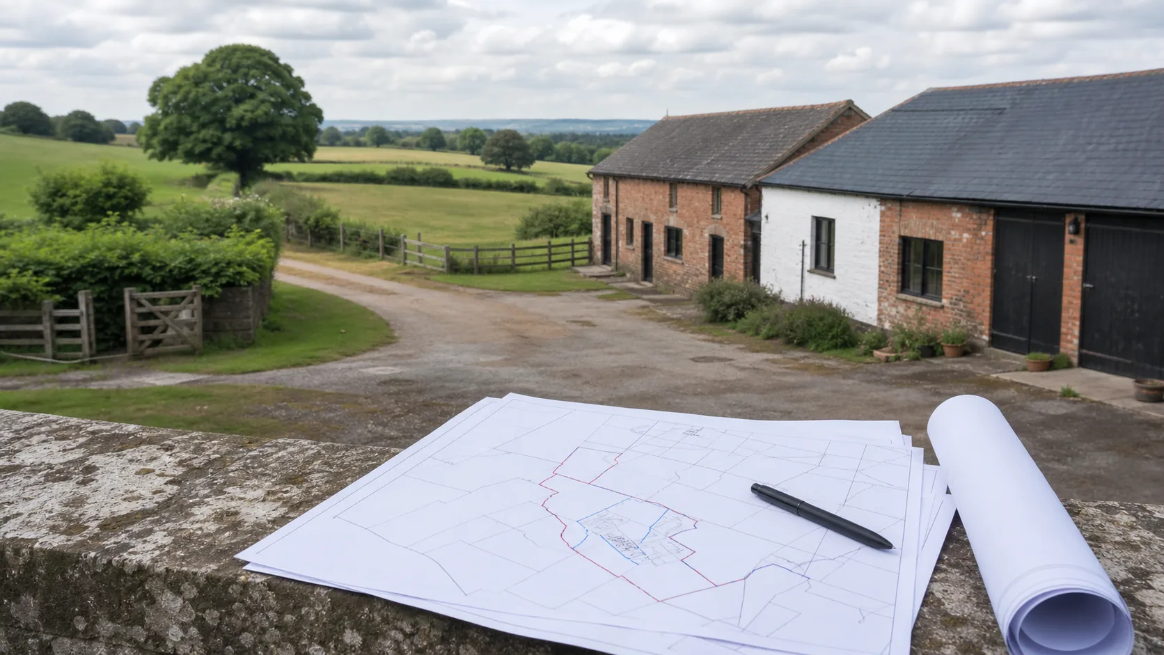 Rural building and yard being considered for a change of use, with fields beyond