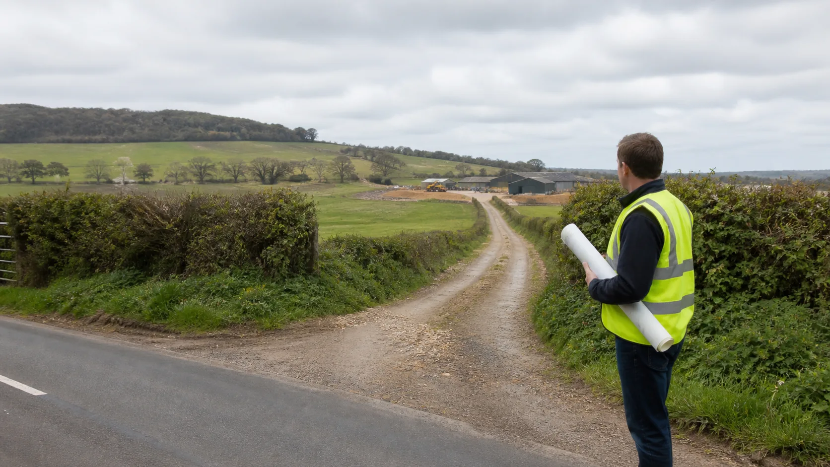 Rural access track leading from a UK public road towards a farm building site