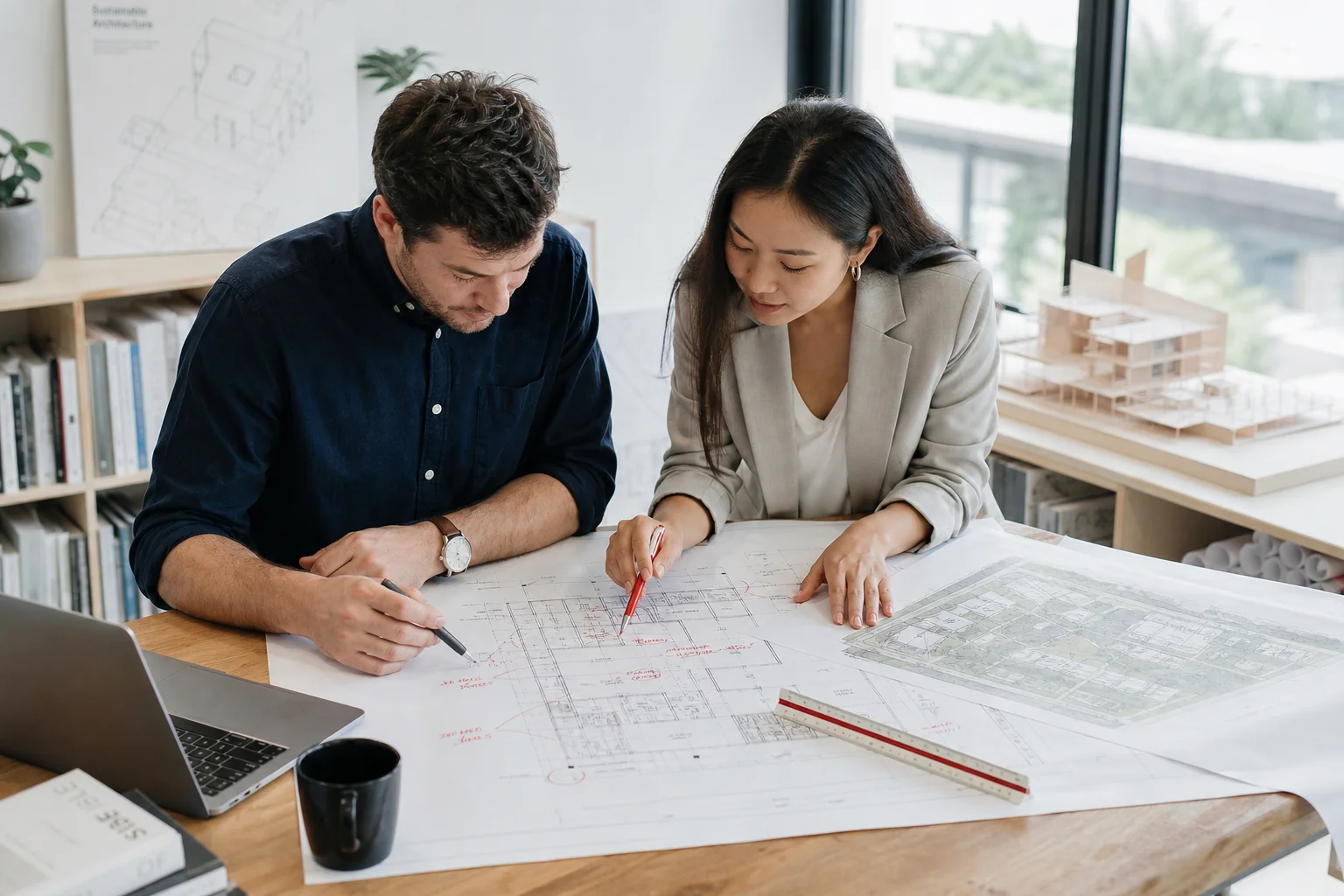 Two professional architects reviewing and marking up revised building drawings and planning maps in a studio