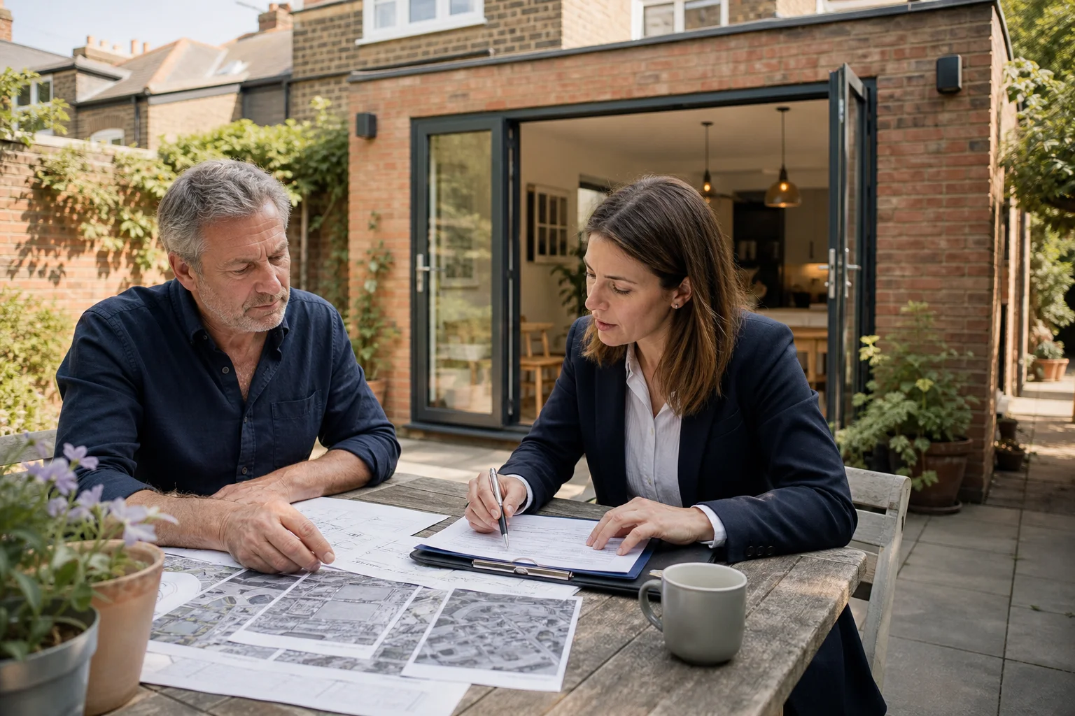 A planning consultant and homeowner reviewing aerial planning maps and evidence on a garden patio