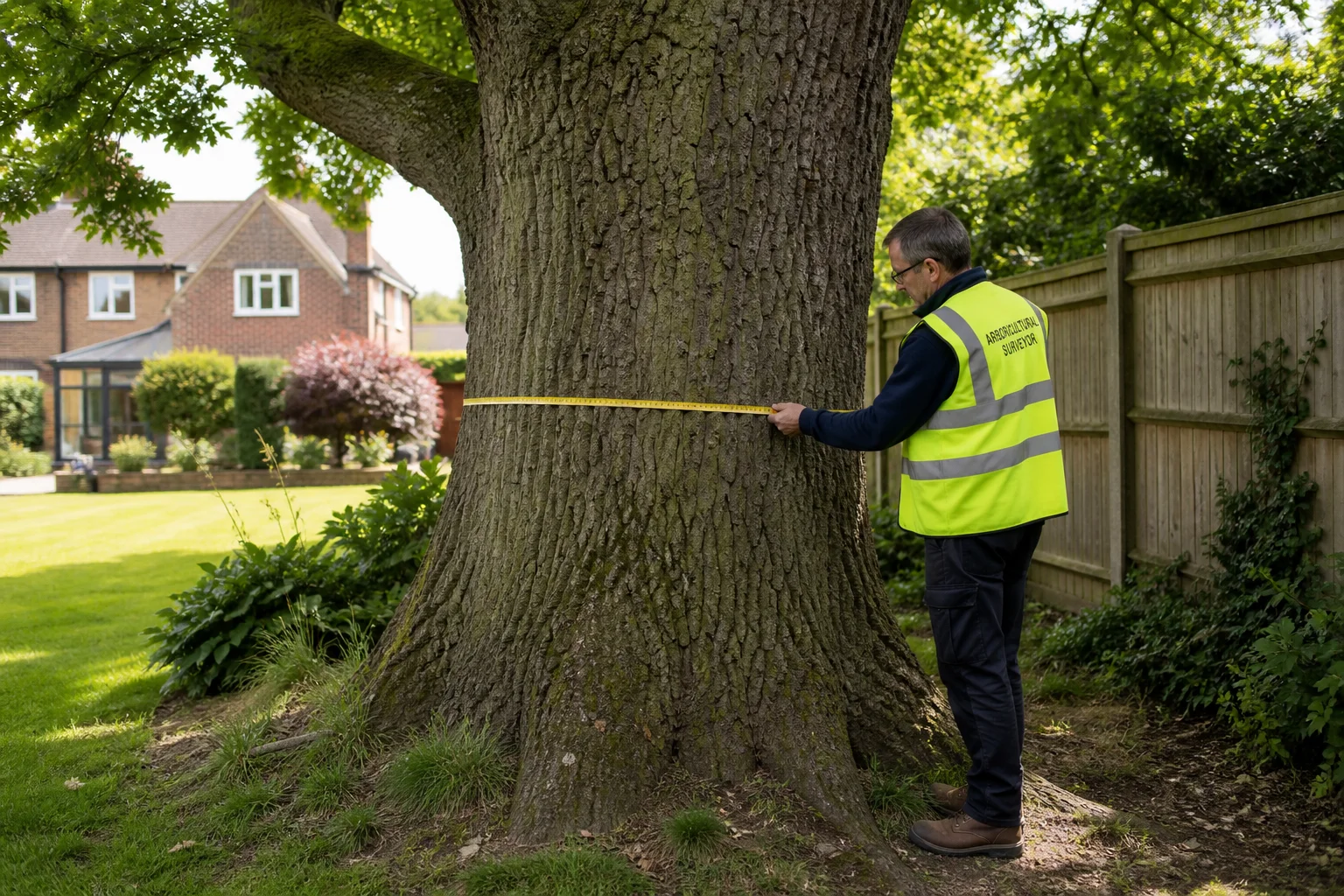 A professional arboricultural surveyor measuring a mature oak tree in a residential garden