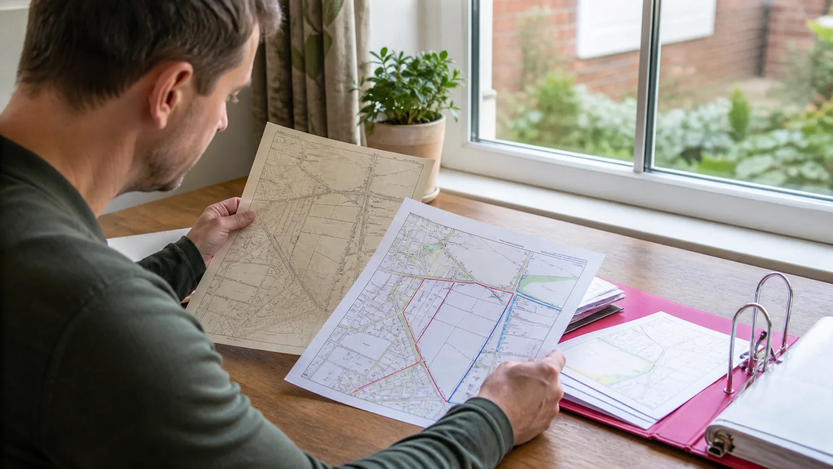 Person comparing an older and updated generic planning map beside a revision folder