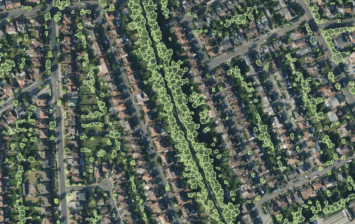 ArborLayer modelled tree canopy outlines drawn over aerial imagery of suburban streets in West Bridgford, Nottingham