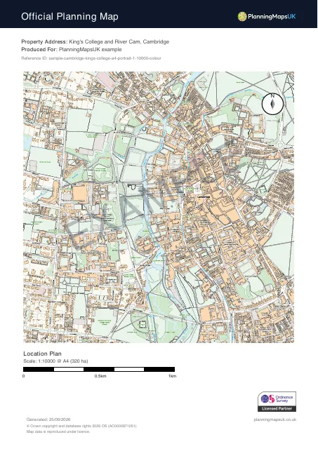 Colour Pop A4 portrait 1:10000 regional context plan sample of King's College, Cambridge, covering 320 ha