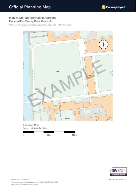 Colour Pop A4 portrait 1:1250 location plan sample of King's College, Cambridge, covering 3 ha