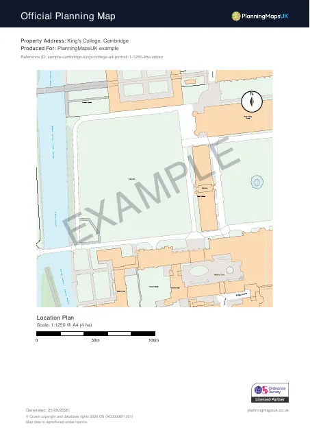 Colour Pop A4 portrait 1:1250 location plan sample of King's College, Cambridge, covering 4 ha