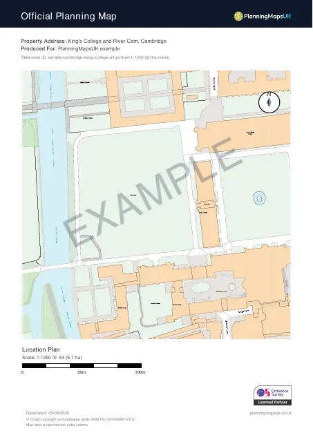 Colour Pop A4 portrait 1:1250 location plan sample of King's College, Cambridge, covering 5.1 ha