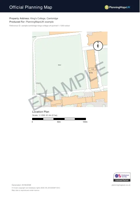 Colour Pop A4 portrait 1:1250 location plan sample of King's College, Cambridge, covering 2 ha