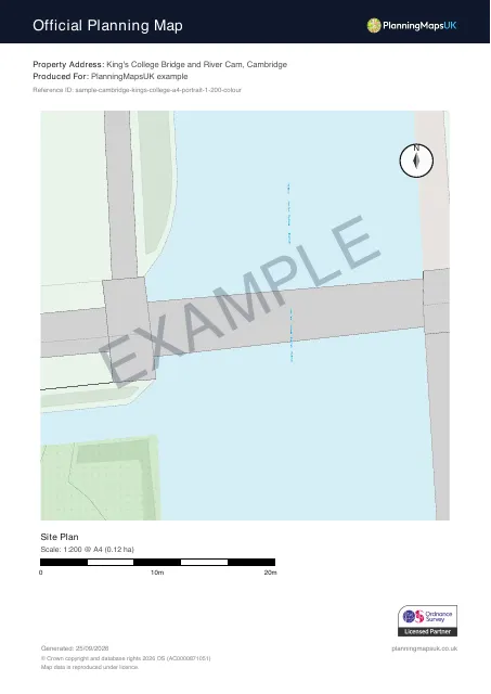 Colour Pop A4 portrait 1:200 site plan sample of King's College, Cambridge, covering 0.12 ha