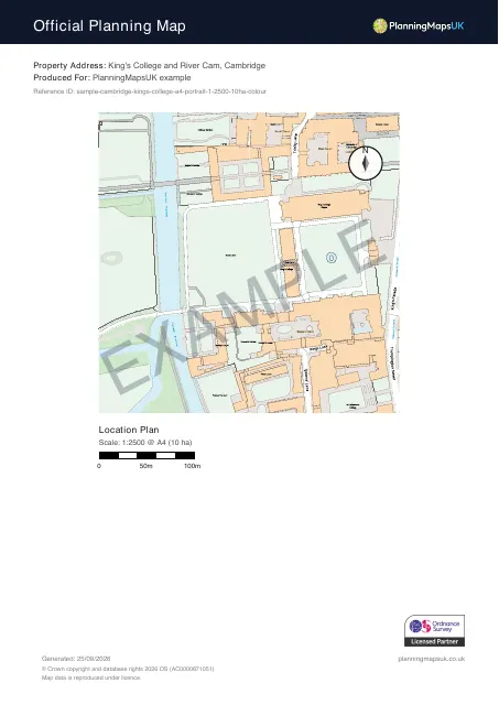 Colour Pop A4 portrait 1:2500 rural / estate plan sample of King's College, Cambridge, covering 10 ha