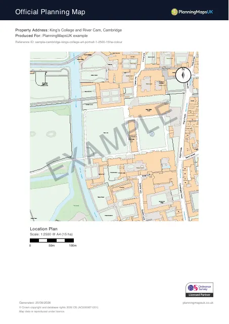Colour Pop A4 portrait 1:2500 rural / estate plan sample of King's College, Cambridge, covering 15 ha