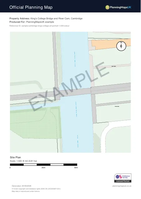 Colour Pop A4 portrait 1:500 block plan sample of King's College, Cambridge, covering 0.81 ha
