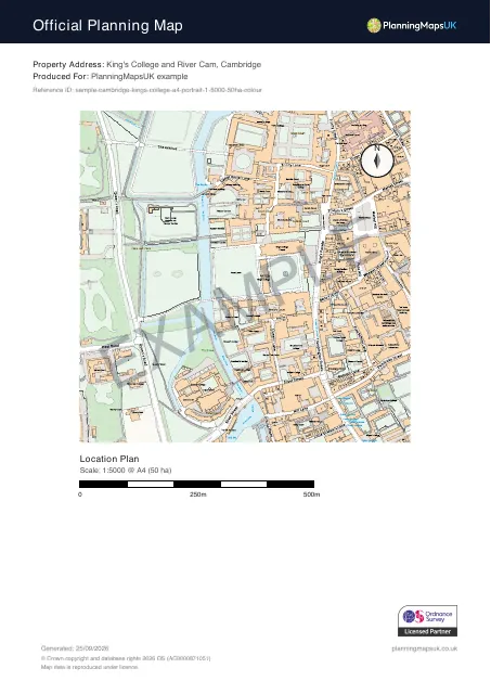 Colour Pop A4 portrait 1:5000 large-scale location plan sample of King's College, Cambridge, covering 50 ha