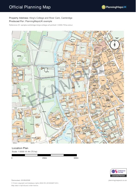 Colour Pop A4 portrait 1:5000 large-scale location plan sample of King's College, Cambridge, covering 75 ha