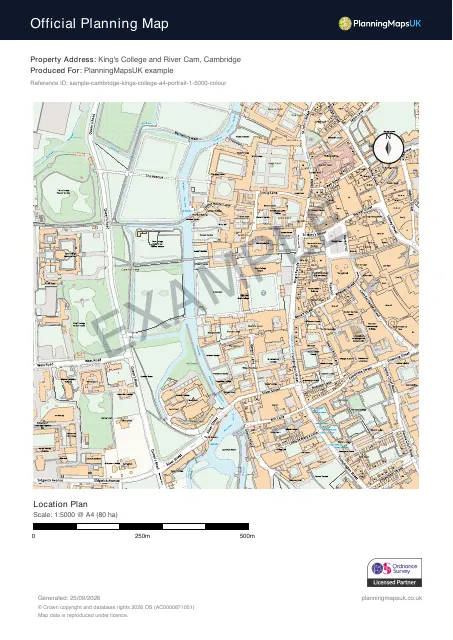 Colour Pop A4 portrait 1:5000 large-scale location plan sample of King's College, Cambridge, covering 80 ha