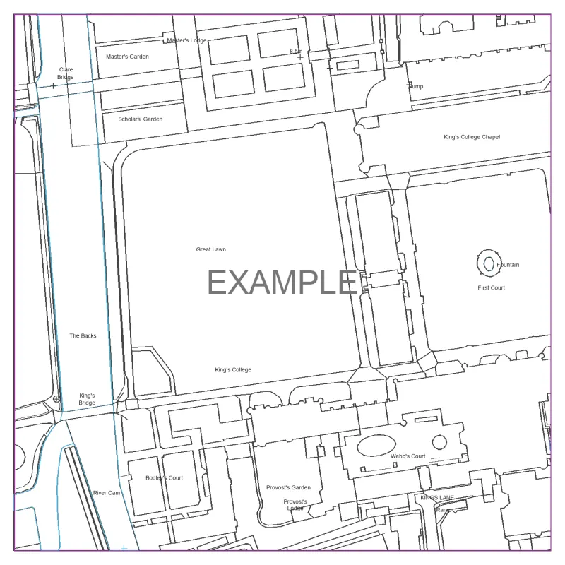Black & White linework CAD planning map sample of King's College, Cambridge