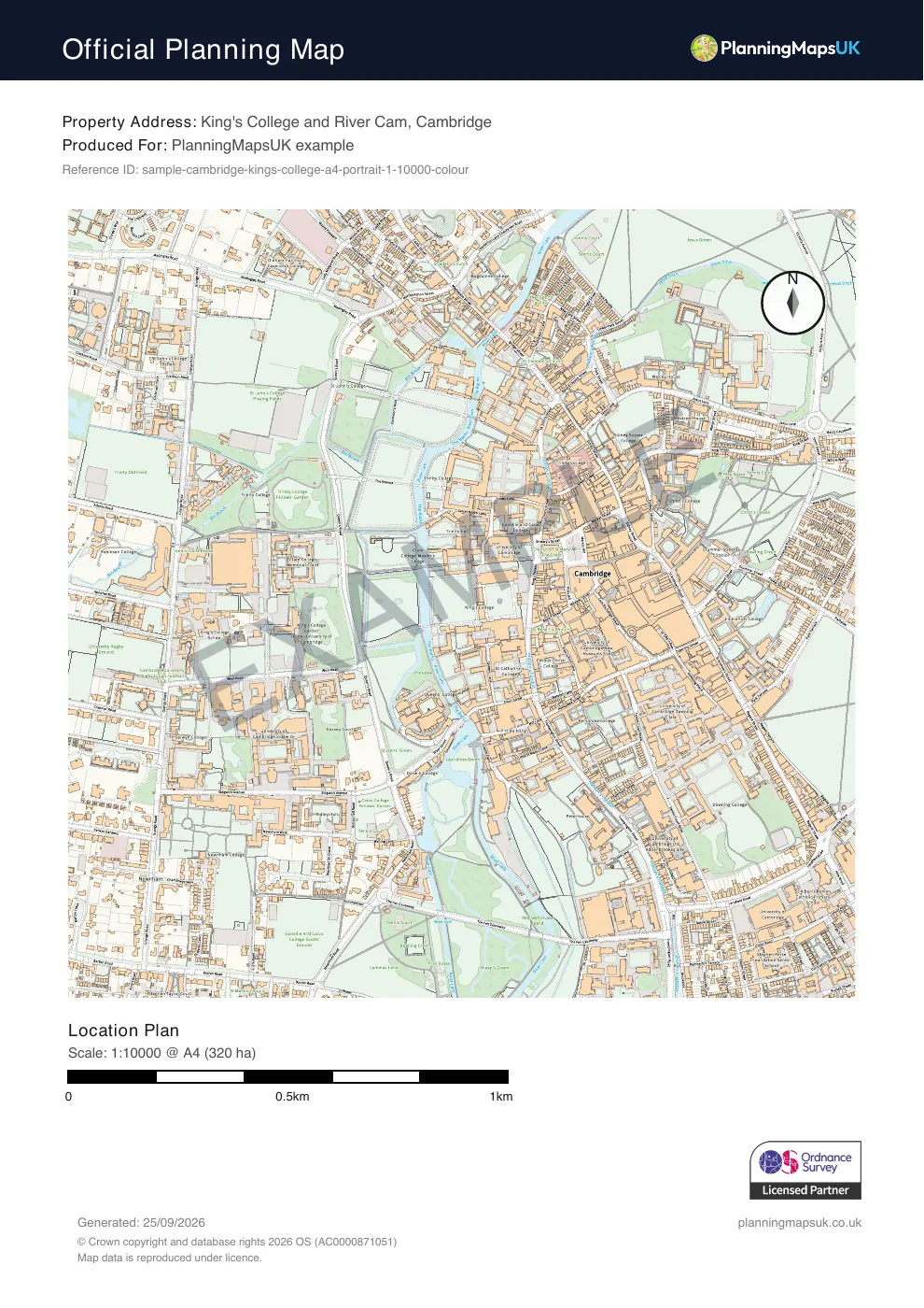 Colour Pop A4 portrait 1:10000 regional context plan sample of King's College, Cambridge, covering 320 ha