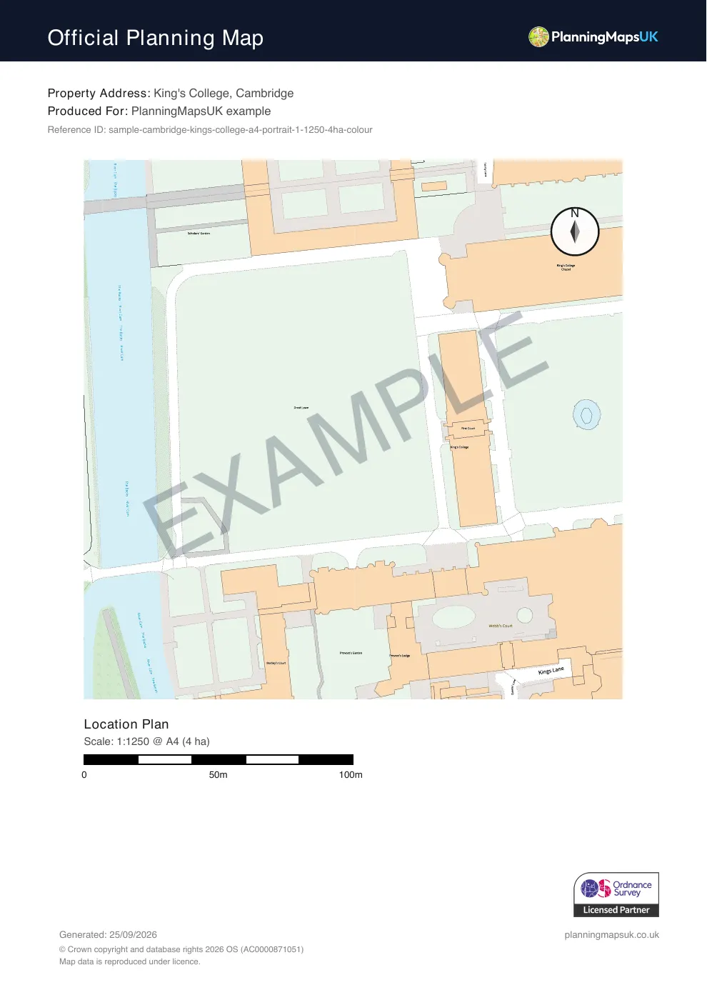 Colour Pop A4 portrait 1:1250 location plan sample of King's College, Cambridge, covering 4 ha