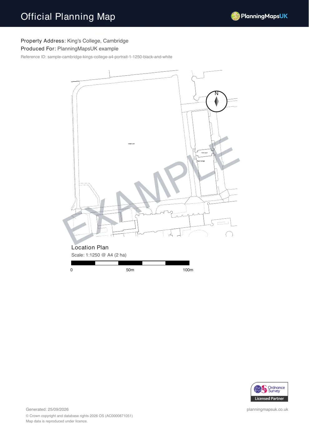 Black and white 1:1250 location plan sample of Cambridge