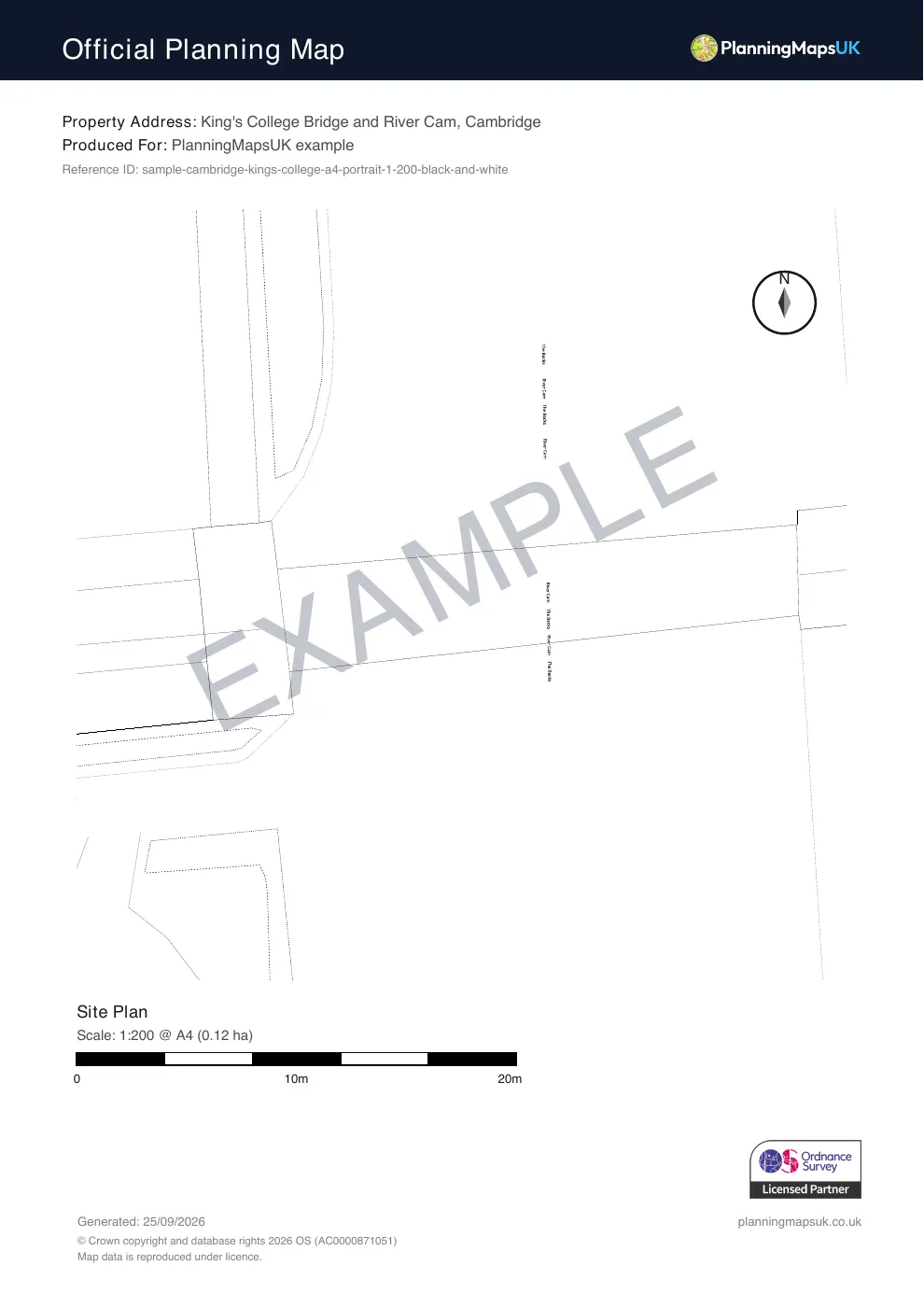 Black and white 1:200 site plan sample of Cambridge