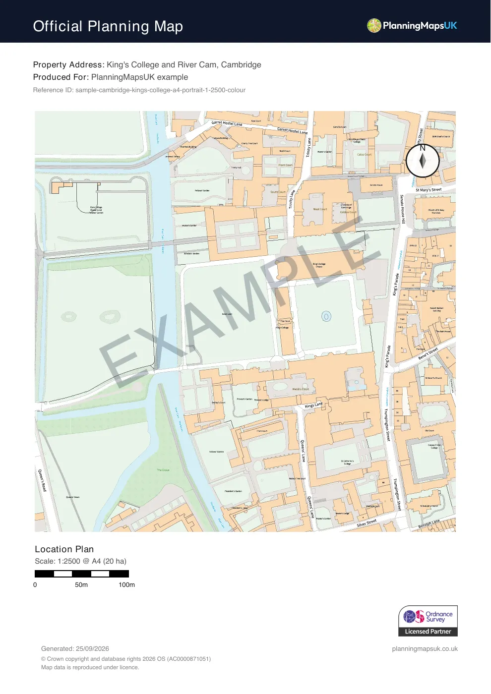 Colour Pop A4 portrait 1:2500 rural / estate plan sample of King's College, Cambridge, covering 20 ha