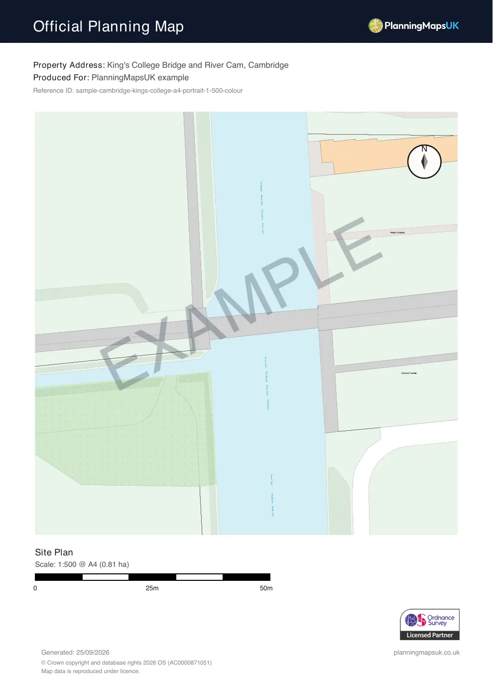 Colour Pop A4 portrait 1:500 block plan sample of King's College, Cambridge, covering 0.81 ha